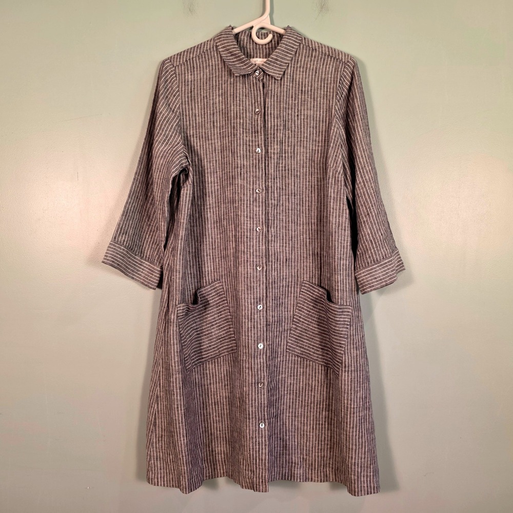 J.Jill Love Linen Pinstripe Shirt Dress Grey White 100% Linen Small 3/4 Sleeve